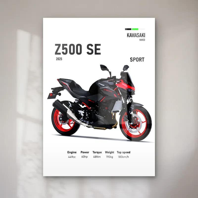 Kawasaki Z500 SE Sport 2025 cam tablo — Beyaz zeminde siyah kırmızı Kawasaki Z500 SE Sport 2025 ve teknik veriler