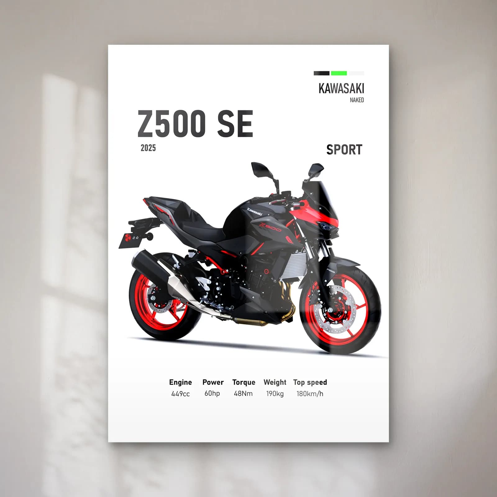 Kawasaki Z500 SE Sport 2025 cam tablo — Beyaz zeminde siyah kırmızı Kawasaki Z500 SE Sport 2025 ve teknik veriler