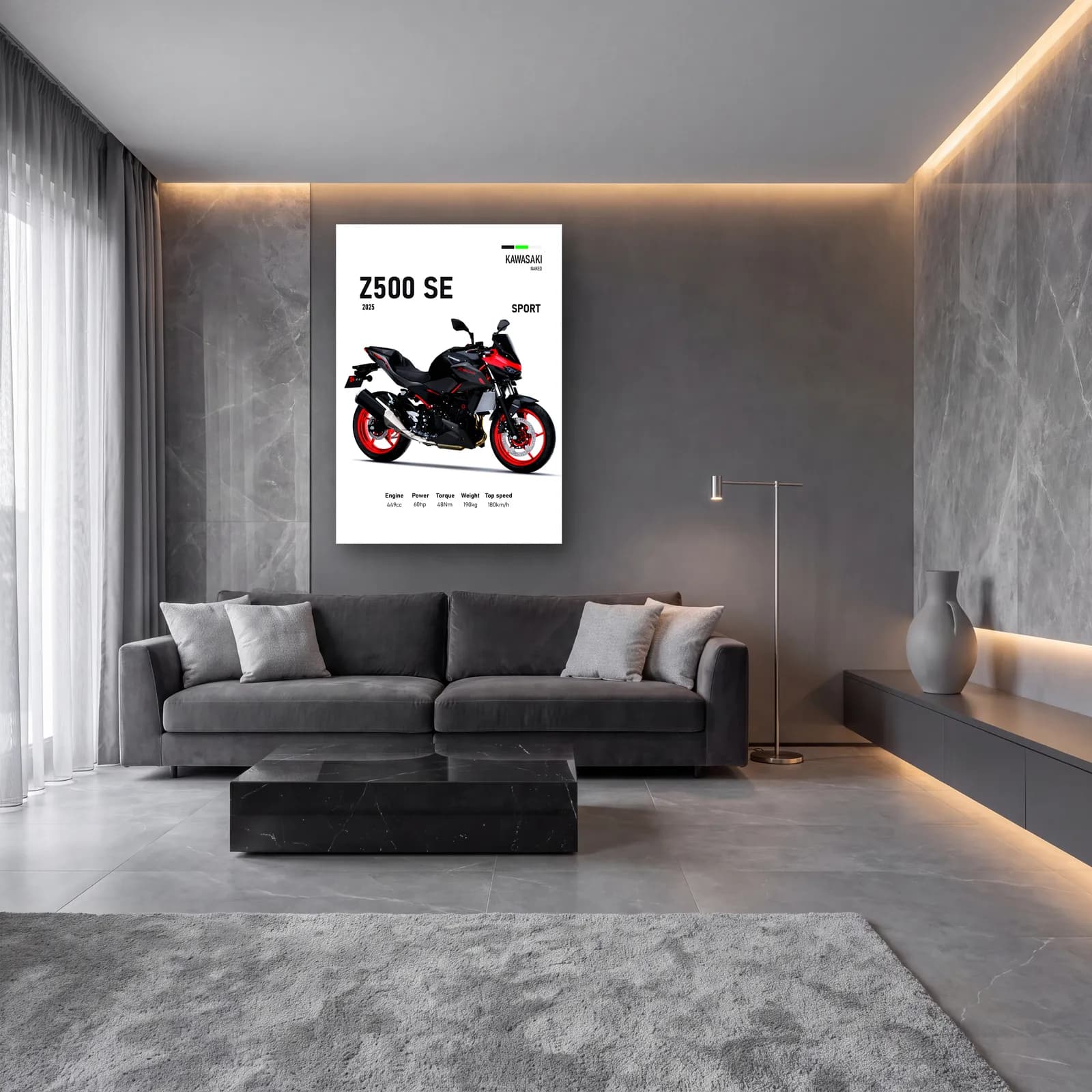 Kawasaki Z500 SE Sport 2025 cam tablo — lüks salon duvarında