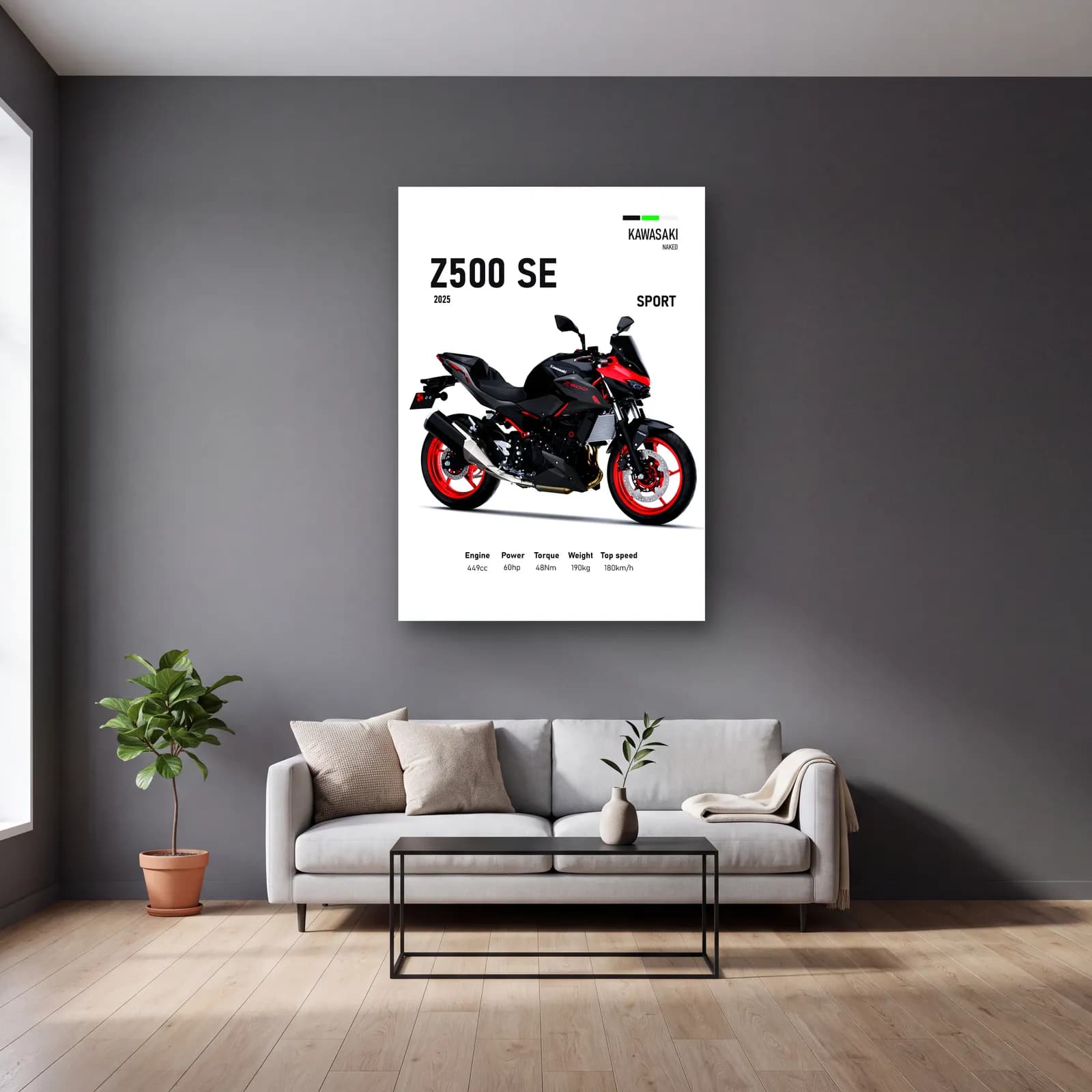 Kawasaki Z500 SE Sport 2025 cam tablo — gri duvarlı salonda