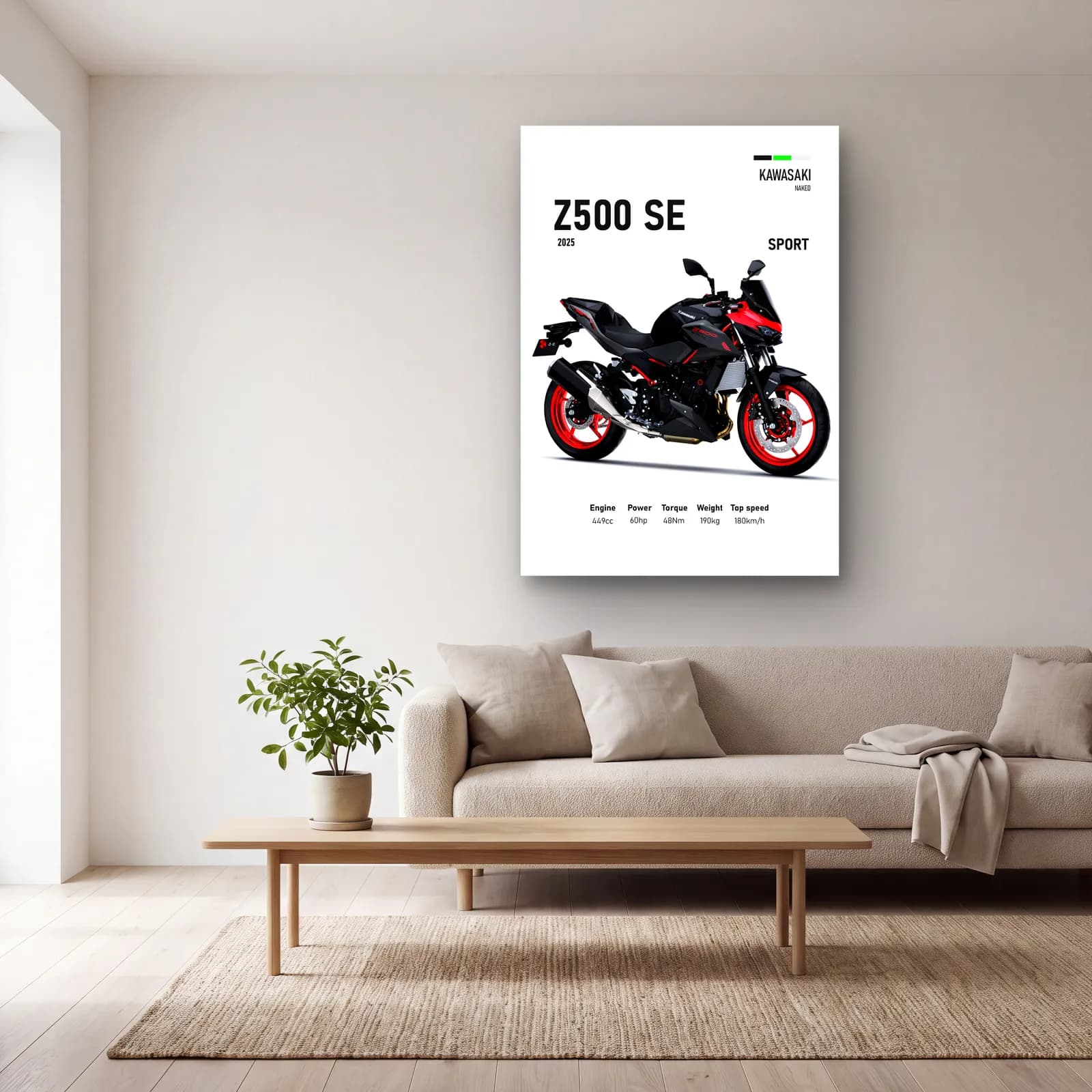 Kawasaki Z500 SE Sport 2025 cam tablo — açık renk salonda
