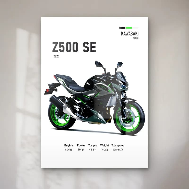 Kawasaki Z500 SE 2025 cam tablo — Beyaz zeminde siyah yeşil Kawasaki Z500 SE 2025 ve teknik veriler