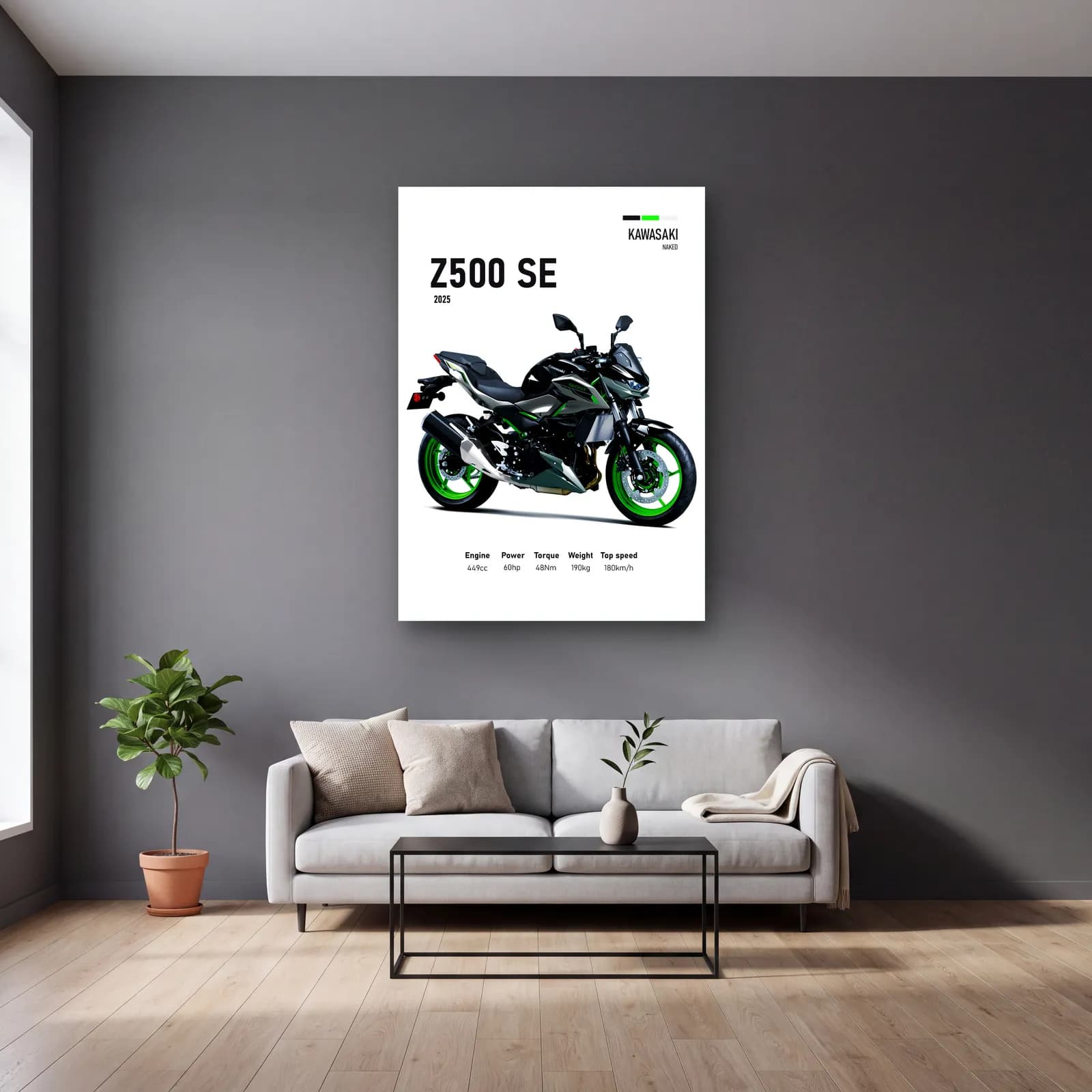 Kawasaki Z500 SE 2025 cam tablo — gri duvarlı salonda