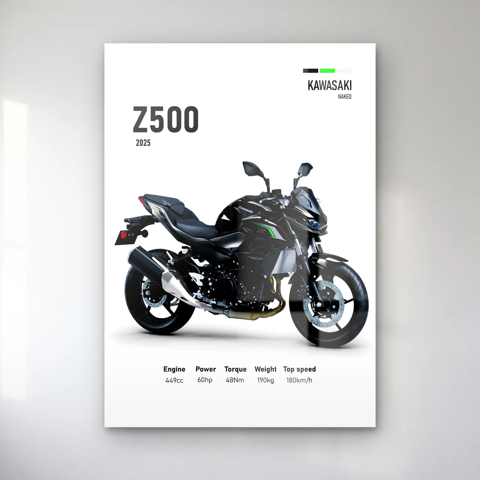 Kawasaki Z500 2025 cam tablo — Beyaz zeminde siyah gri Kawasaki Z500 2025 ve teknik veriler