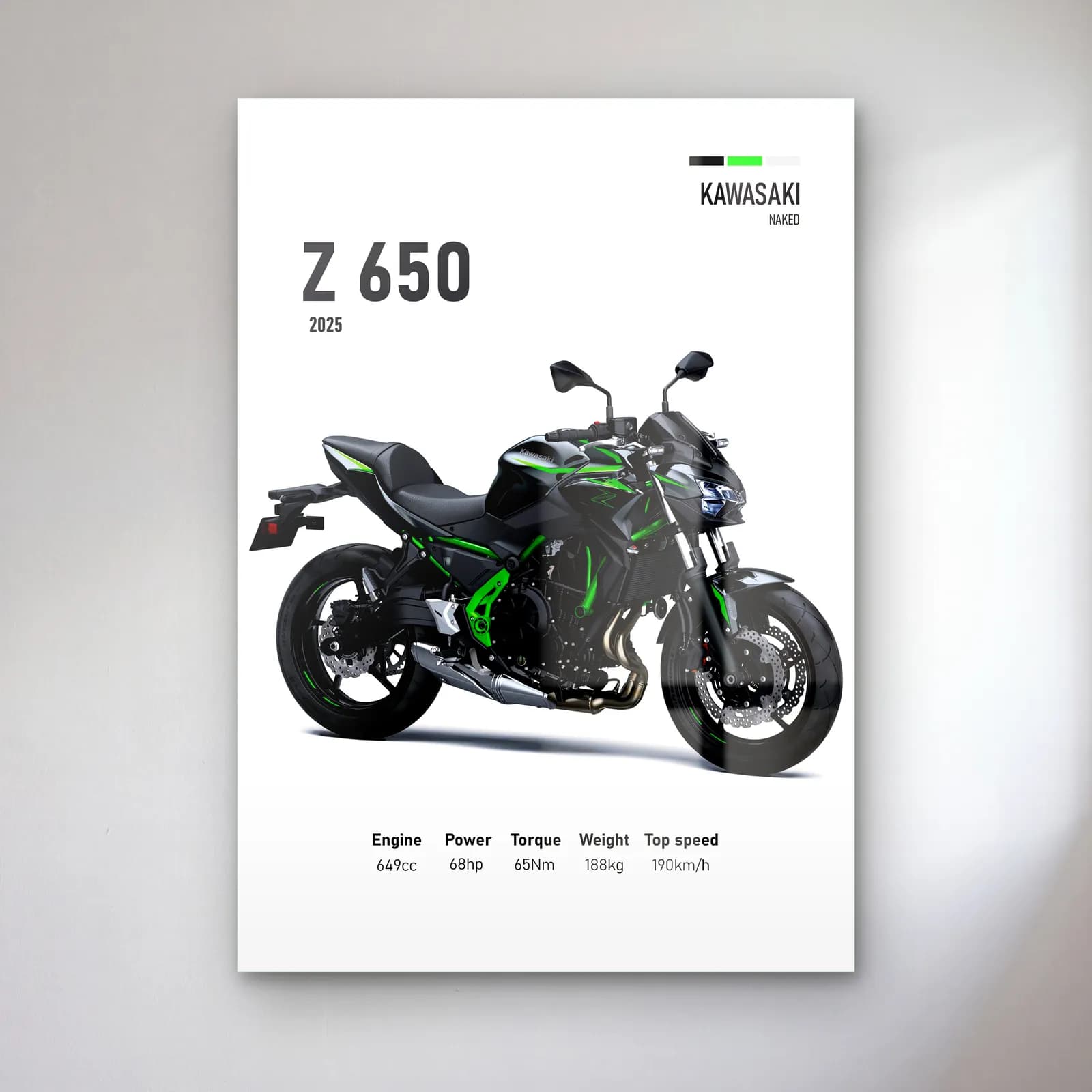 Kawasaki Z 650 2025 cam tablo — Beyaz zeminde siyah yeşil Kawasaki Z 650 2025 ve teknik veriler