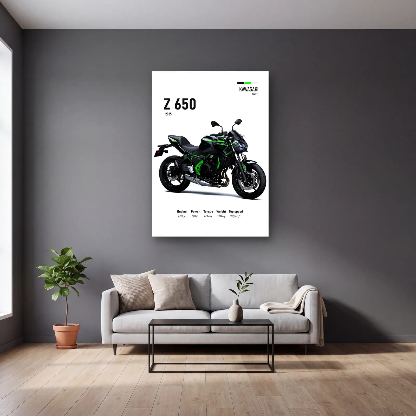 Kawasaki Z 650 2025 cam tablo — gri duvarlı salonda