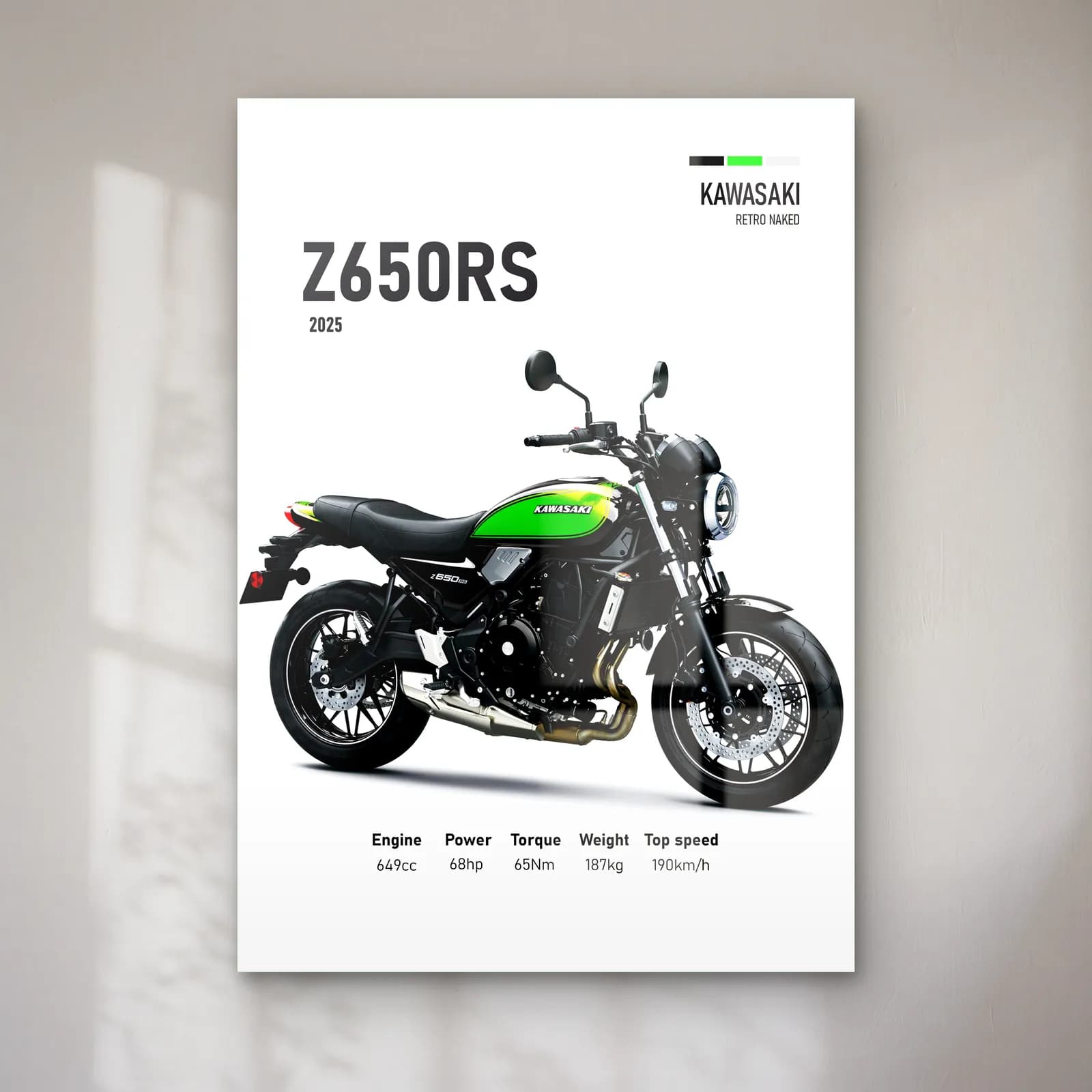 Kawasaki Z650RS 2025 Yeşil cam tablo — Beyaz zeminde yeşil siyah Kawasaki Z650RS 2025 ve teknik veriler