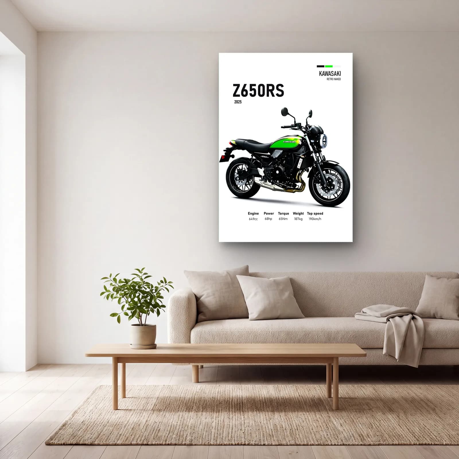 Kawasaki Z650RS 2025 Yeşil cam tablo — açık renk salonda