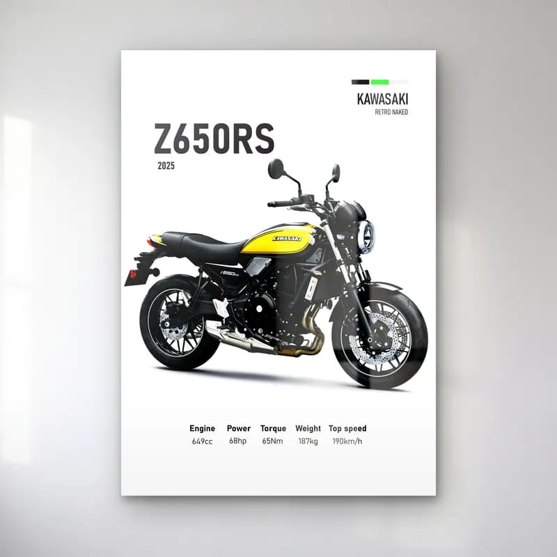 Kawasaki Z650RS 2025 Sarı cam tablo — Beyaz zeminde sarı siyah Kawasaki Z650RS 2025 ve teknik veriler
