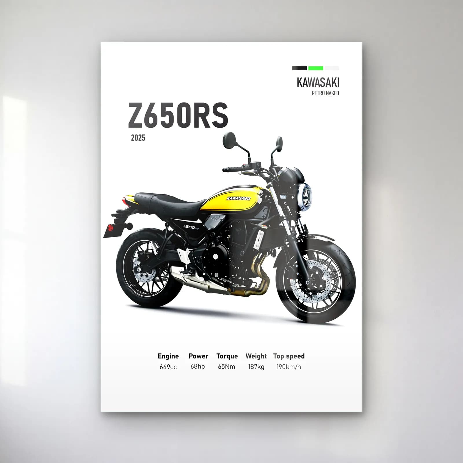 Kawasaki Z650RS 2025 Sarı cam tablo — Beyaz zeminde sarı siyah Kawasaki Z650RS 2025 ve teknik veriler