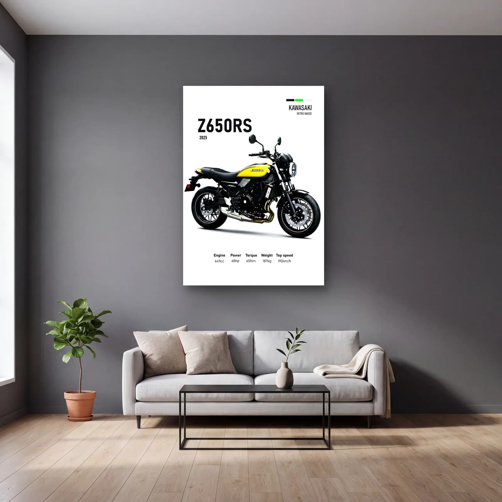 Kawasaki Z650RS 2025 Sarı cam tablo — gri duvarlı salonda