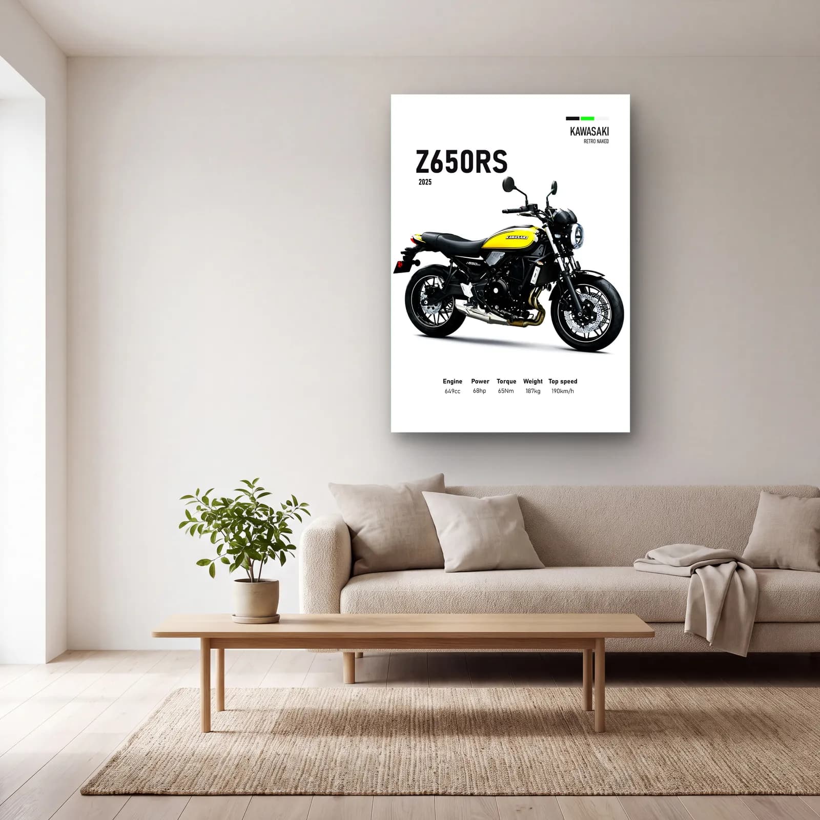Kawasaki Z650RS 2025 Sarı cam tablo — açık renk salonda