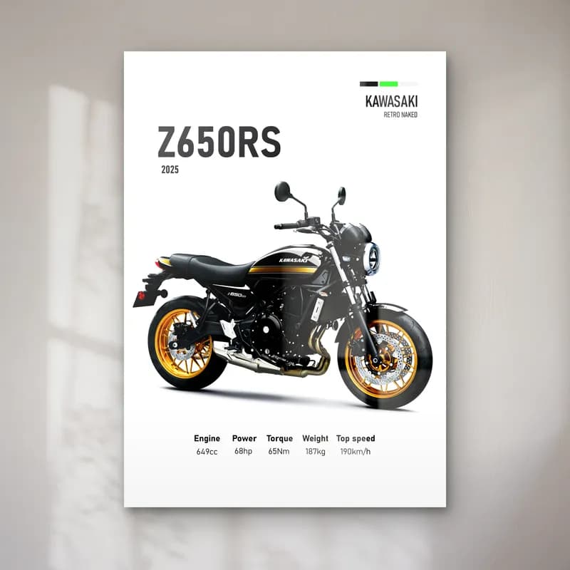 Kawasaki Z650RS 2025 Siyah Altın cam tablo — Beyaz zeminde siyah altın Kawasaki Z650RS 2025 ve teknik veriler