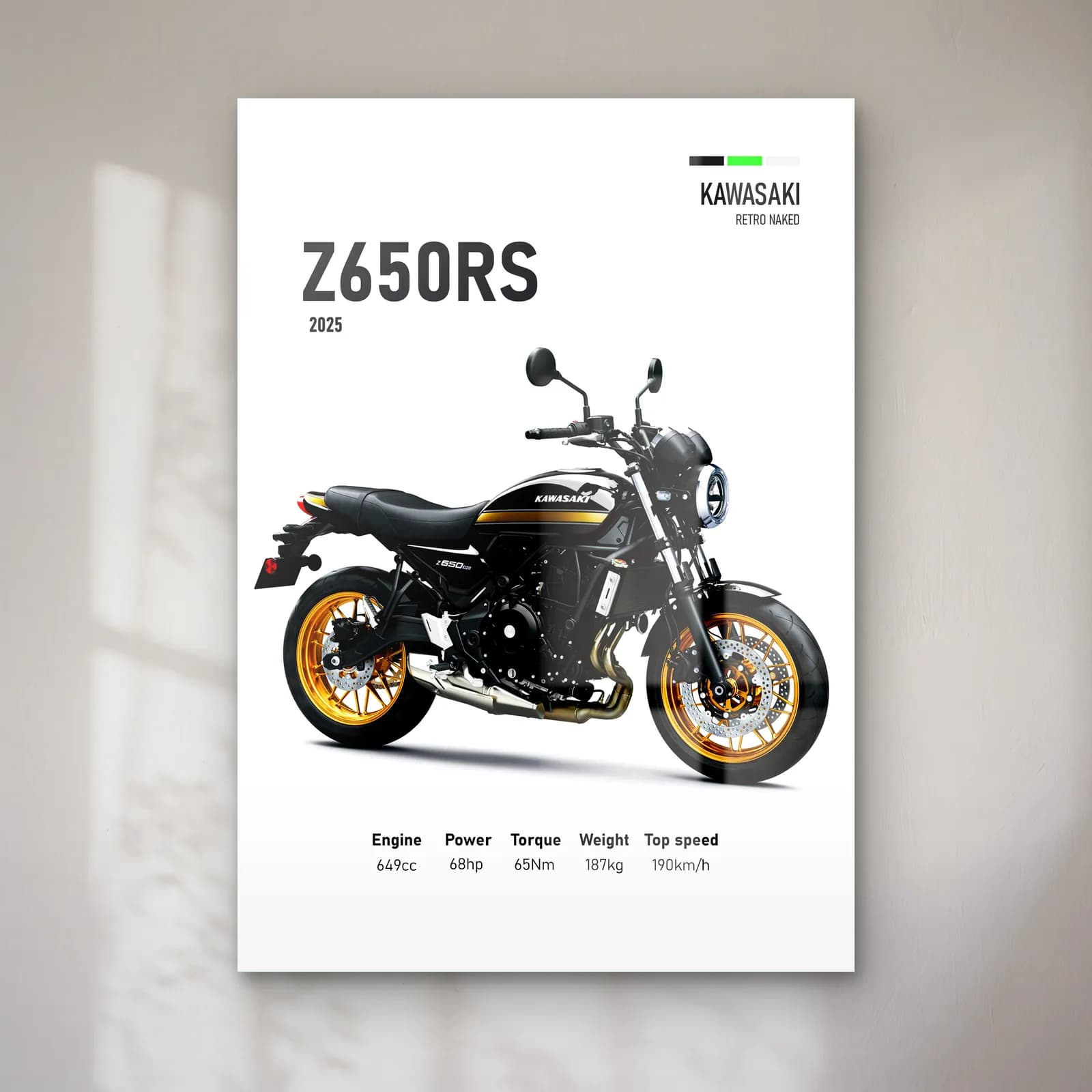 Kawasaki Z650RS 2025 Siyah Altın cam tablo — Beyaz zeminde siyah altın Kawasaki Z650RS 2025 ve teknik veriler