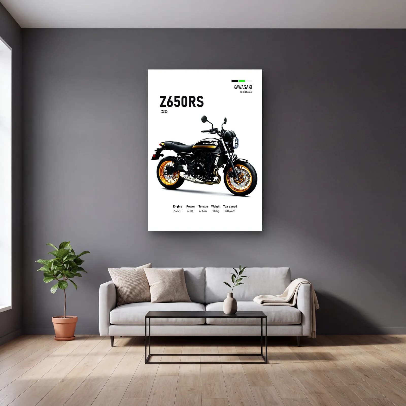 Kawasaki Z650RS 2025 Siyah Altın cam tablo — gri duvarlı salonda