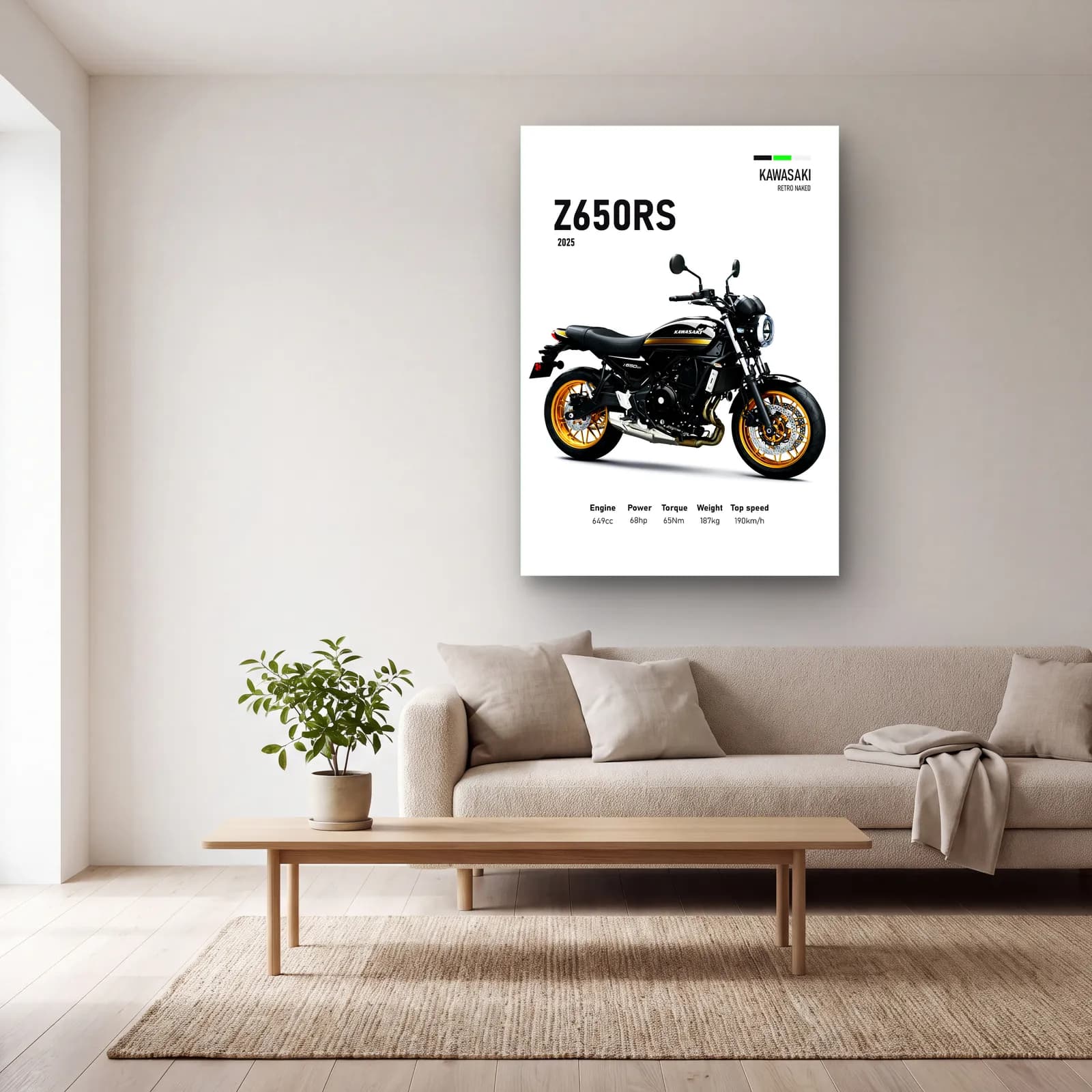 Kawasaki Z650RS 2025 Siyah Altın cam tablo — açık renk salonda