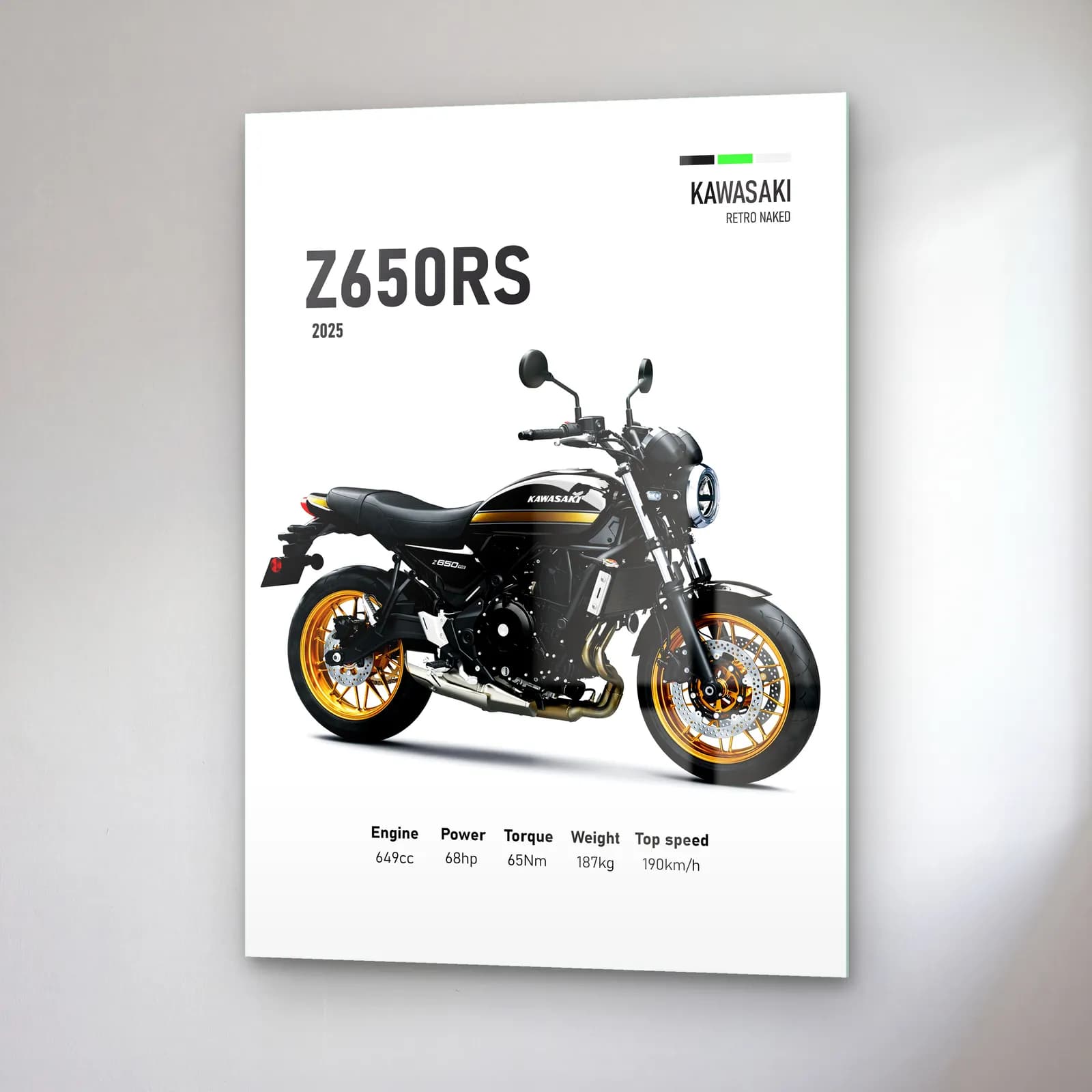 Kawasaki Z650RS 2025 Siyah Altın cam tablo — sağ açıdan görünüm