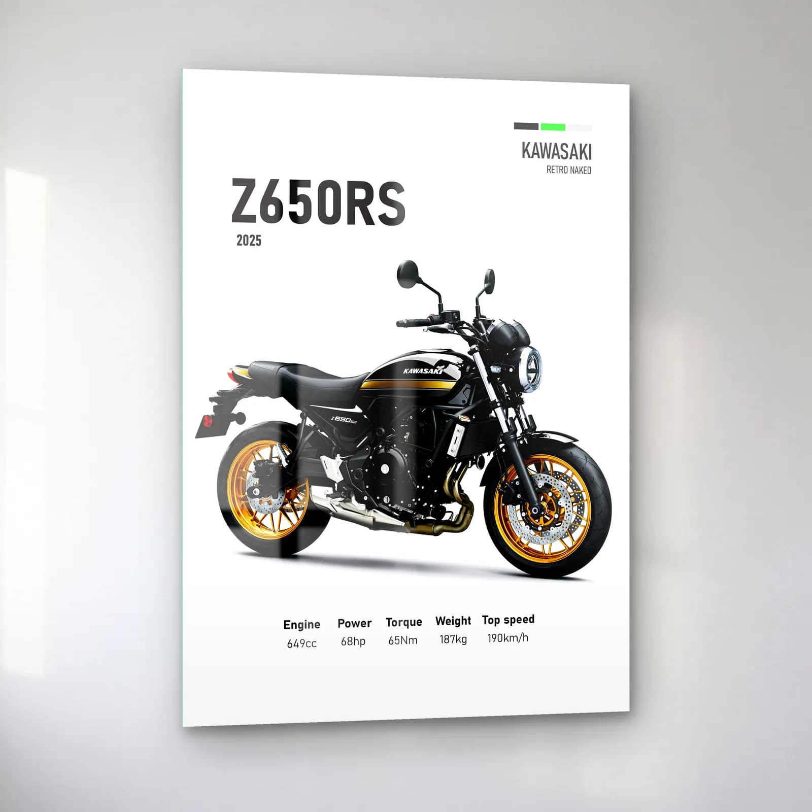 Kawasaki Z650RS 2025 Siyah Altın cam tablo — sol açıdan görünüm