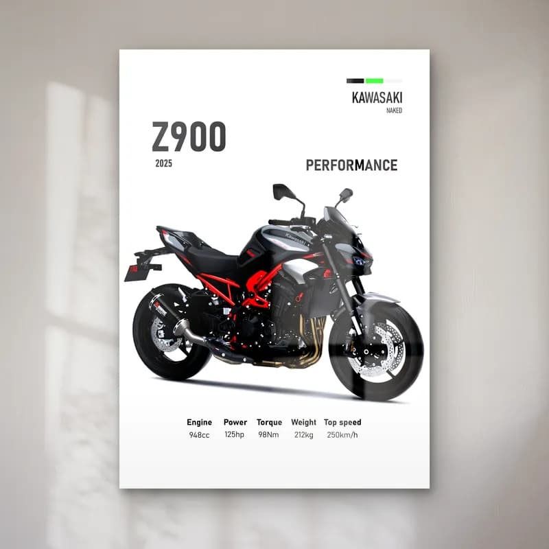 Kawasaki Z900 Performance 2025 cam tablo — Beyaz zeminde siyah kırmızı Kawasaki Z900 Performance 2025 ve teknik veriler