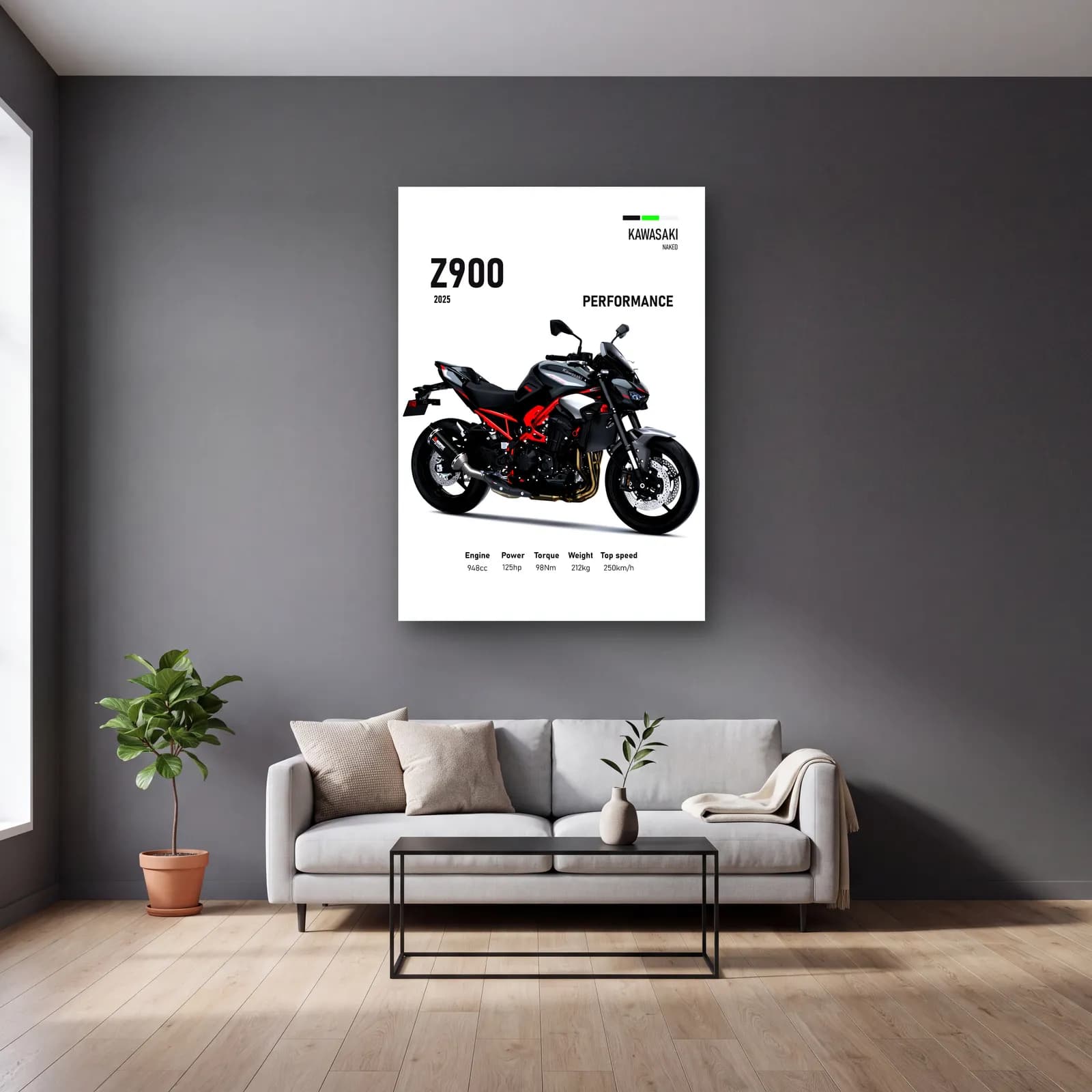 Kawasaki Z900 Performance 2025 cam tablo — gri duvarlı salonda