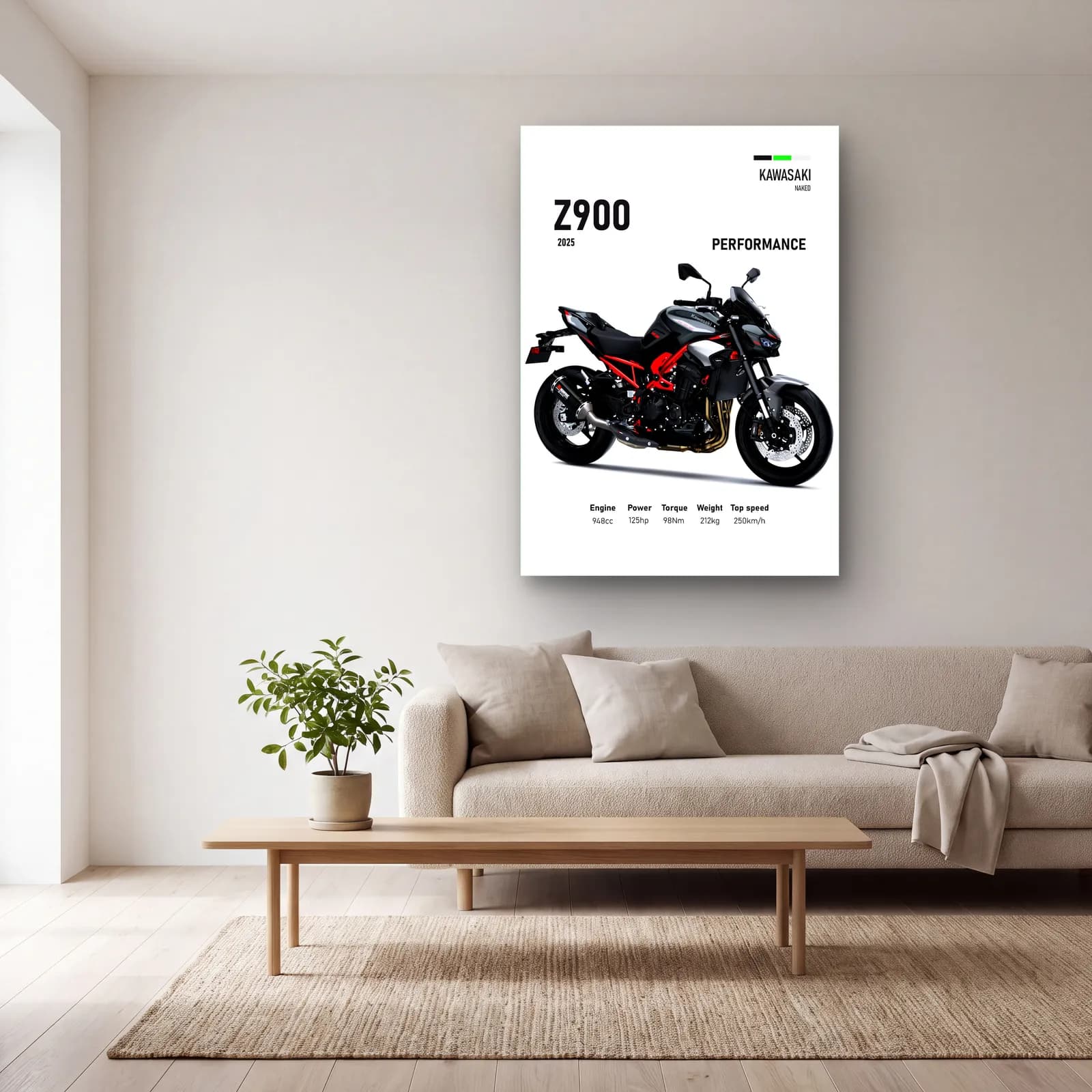 Kawasaki Z900 Performance 2025 cam tablo — açık renk salonda