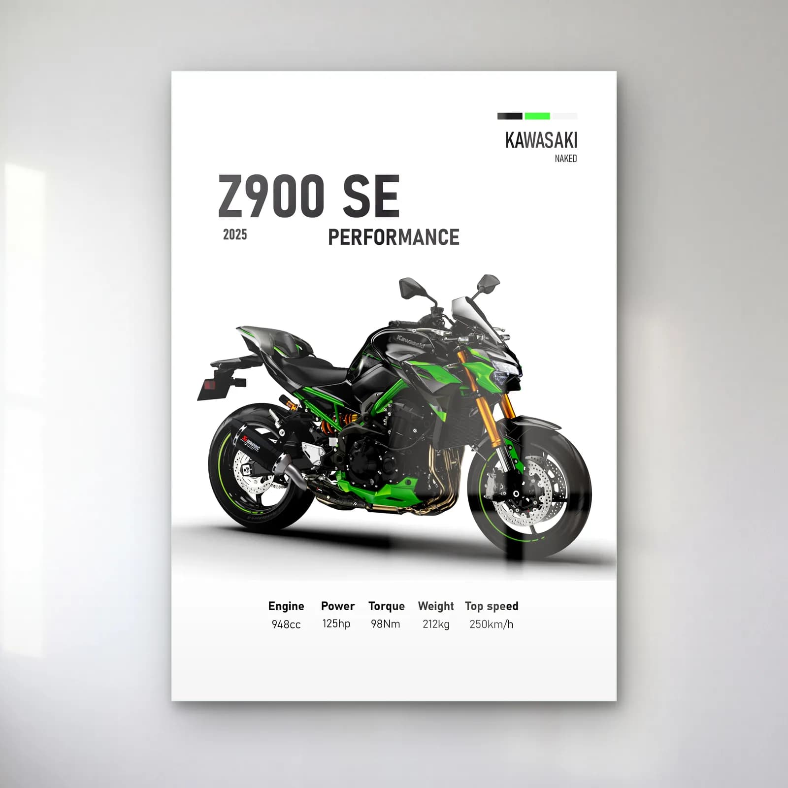 Kawasaki Z900 SE Performance 2025 cam tablo — Beyaz zeminde siyah yeşil Kawasaki Z900 SE Performance 2025 ve teknik veriler