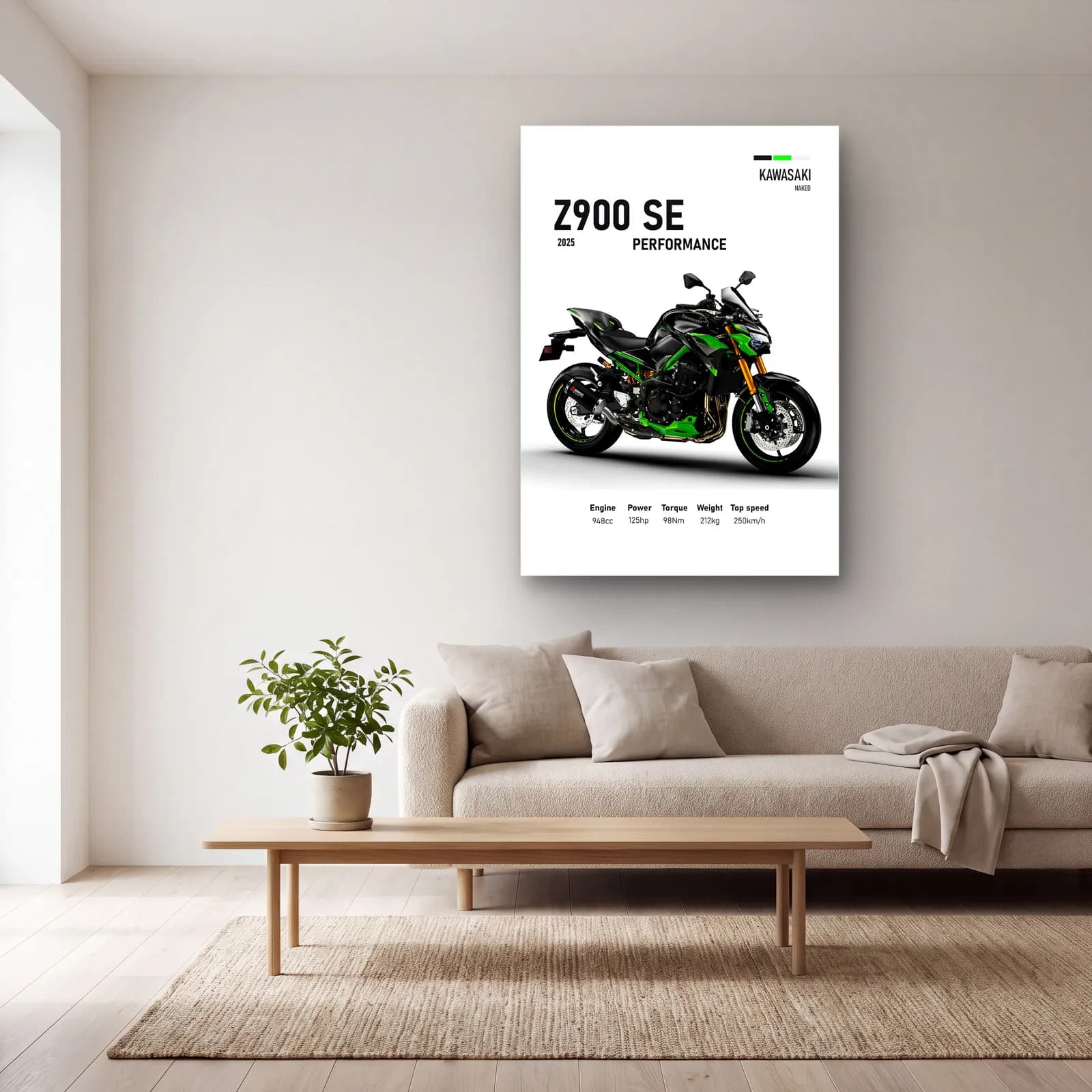 Kawasaki Z900 SE Performance 2025 cam tablo — açık renk salonda