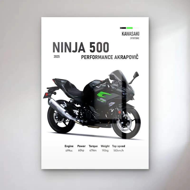 Kawasaki Ninja 500 Performance Akrapovič 2025 cam tablo — Beyaz zeminde siyah gri Kawasaki Ninja 500 Performance Akrapovič 2025 ve teknik veriler
