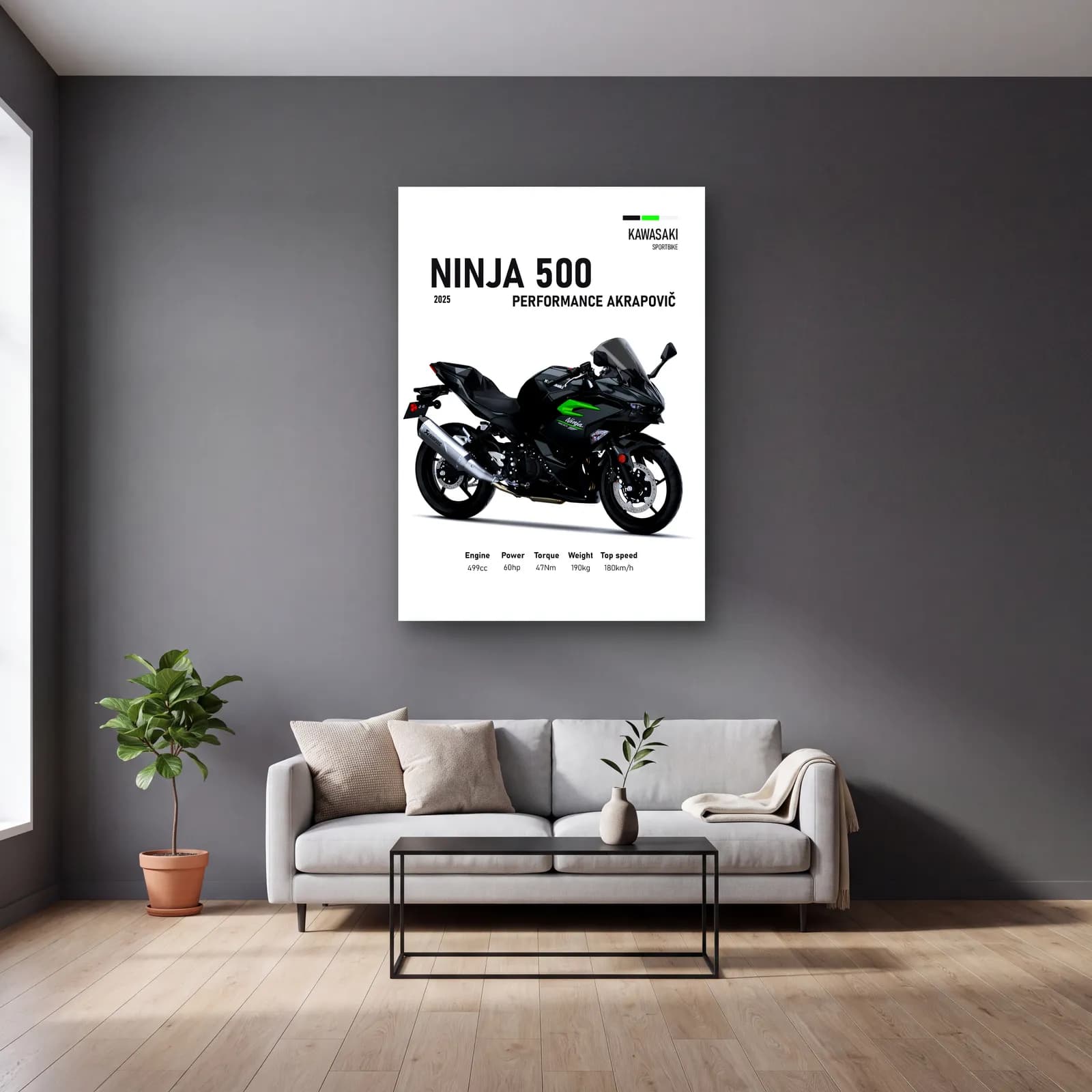 Kawasaki Ninja 500 Performance Akrapovič 2025 cam tablo — gri duvarlı salonda
