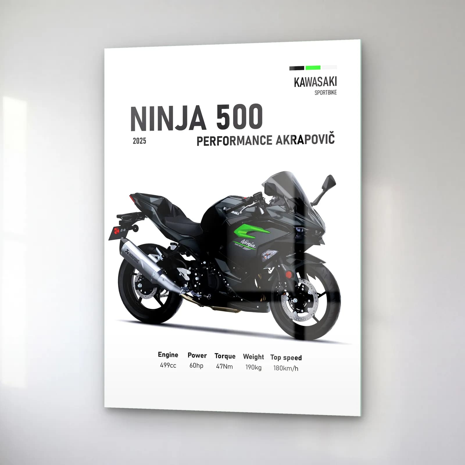 Kawasaki Ninja 500 Performance Akrapovič 2025 cam tablo — sağ açıdan görünüm