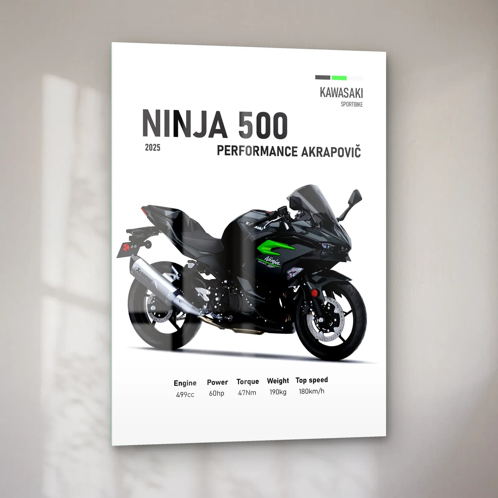 Kawasaki Ninja 500 Performance Akrapovič 2025 cam tablo — sol açıdan görünüm