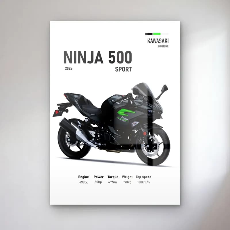 Kawasaki Ninja 500 Sport 2025 cam tablo — Beyaz zeminde siyah gri Kawasaki Ninja 500 Sport 2025 ve teknik veriler