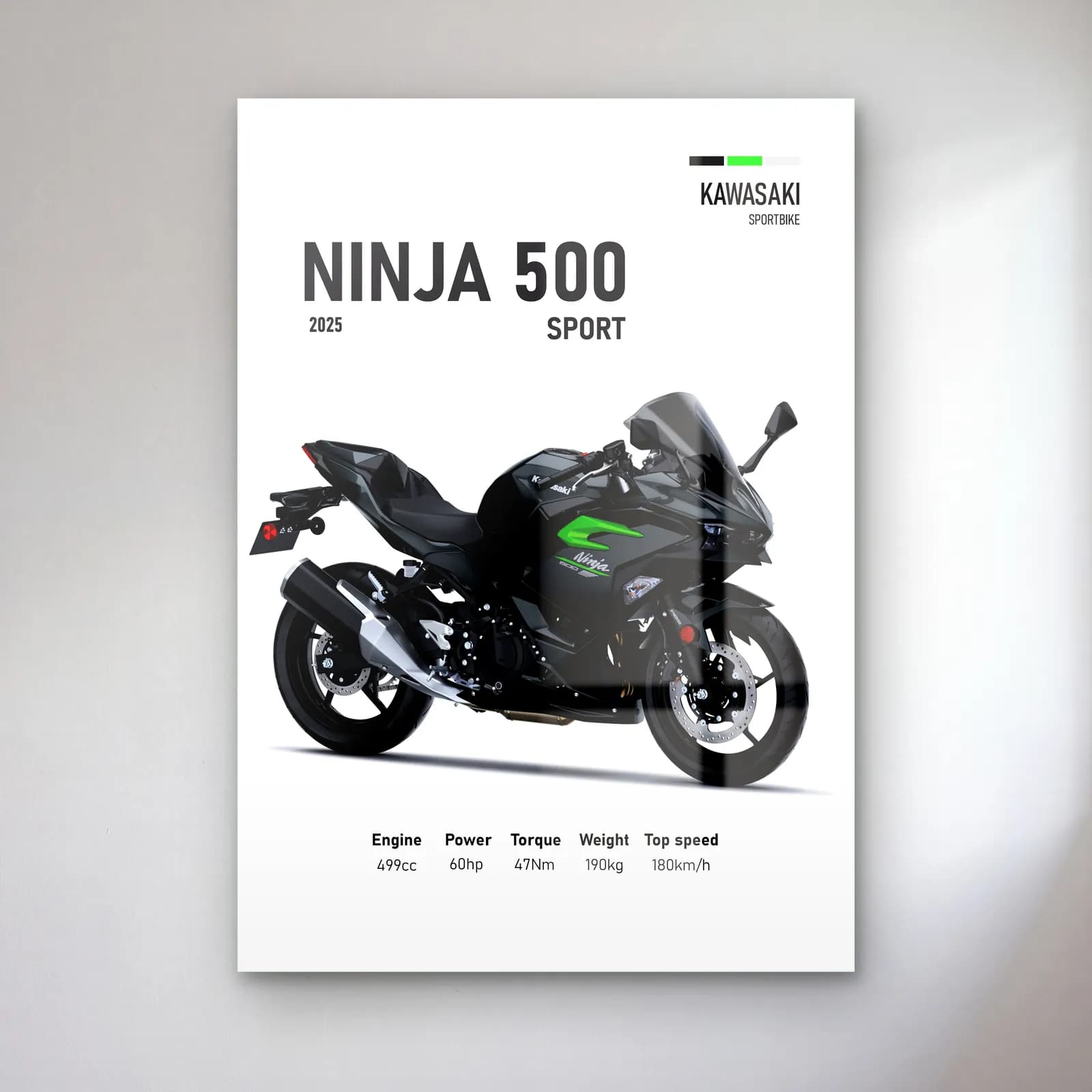 Kawasaki Ninja 500 Sport 2025 cam tablo — Beyaz zeminde siyah gri Kawasaki Ninja 500 Sport 2025 ve teknik veriler