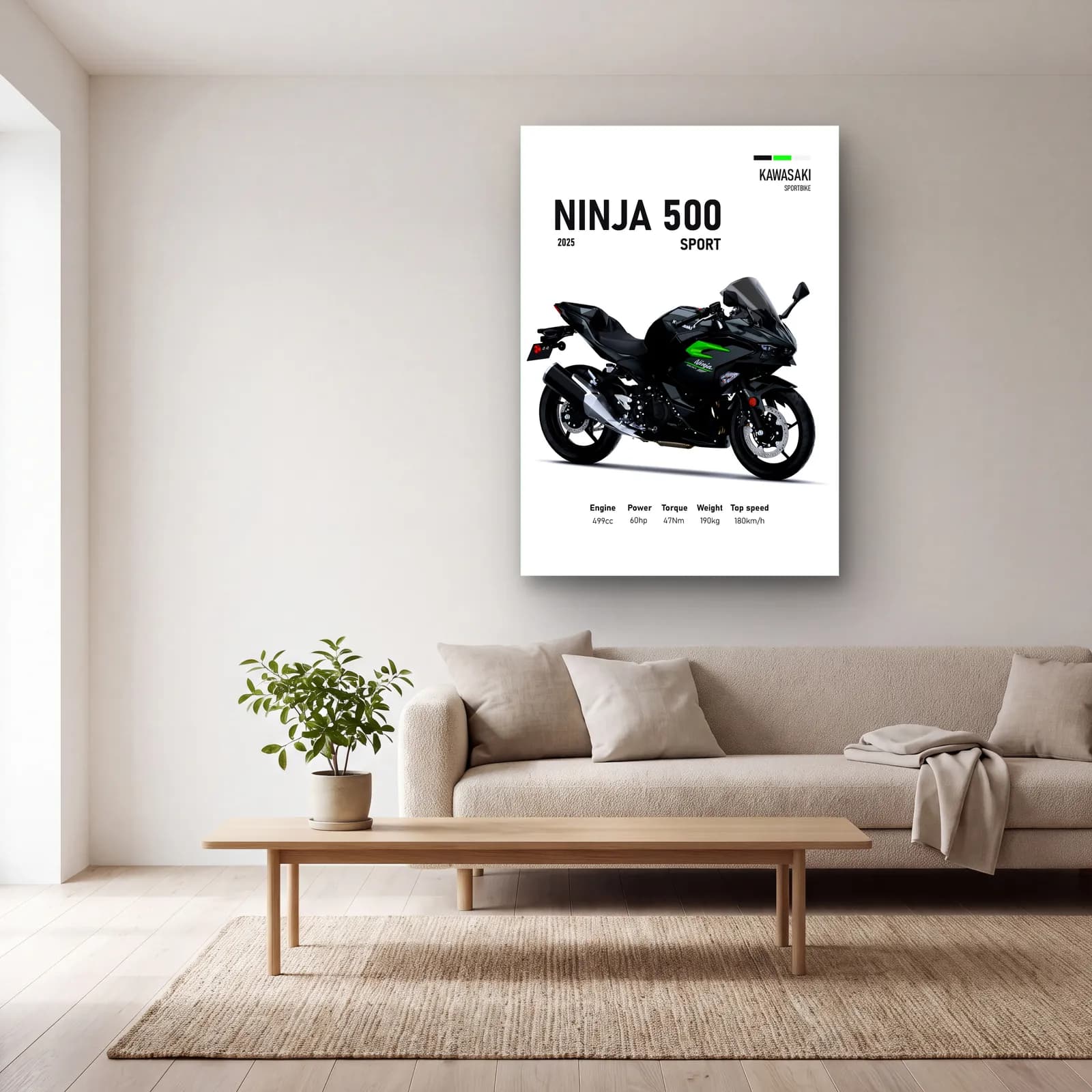 Kawasaki Ninja 500 Sport 2025 cam tablo — açık renk salonda