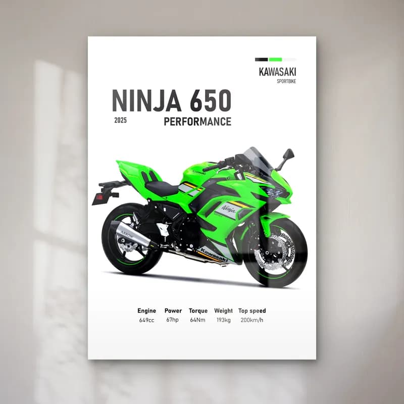 Kawasaki Ninja 650 Performance 2025 cam tablo — Beyaz zeminde yeşil siyah Kawasaki Ninja 650 Performance 2025 ve teknik veriler