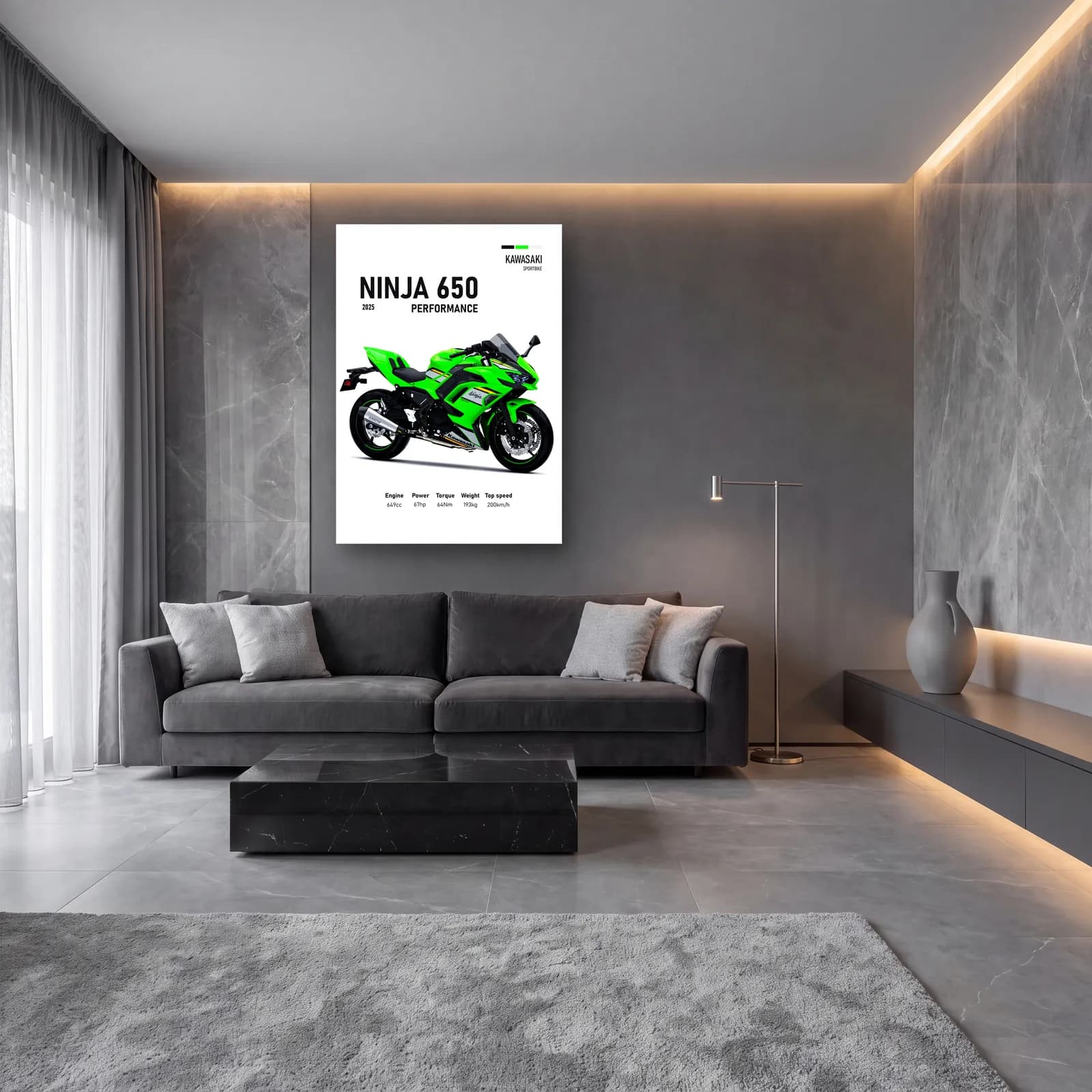 Kawasaki Ninja 650 Performance 2025 cam tablo — lüks salon duvarında