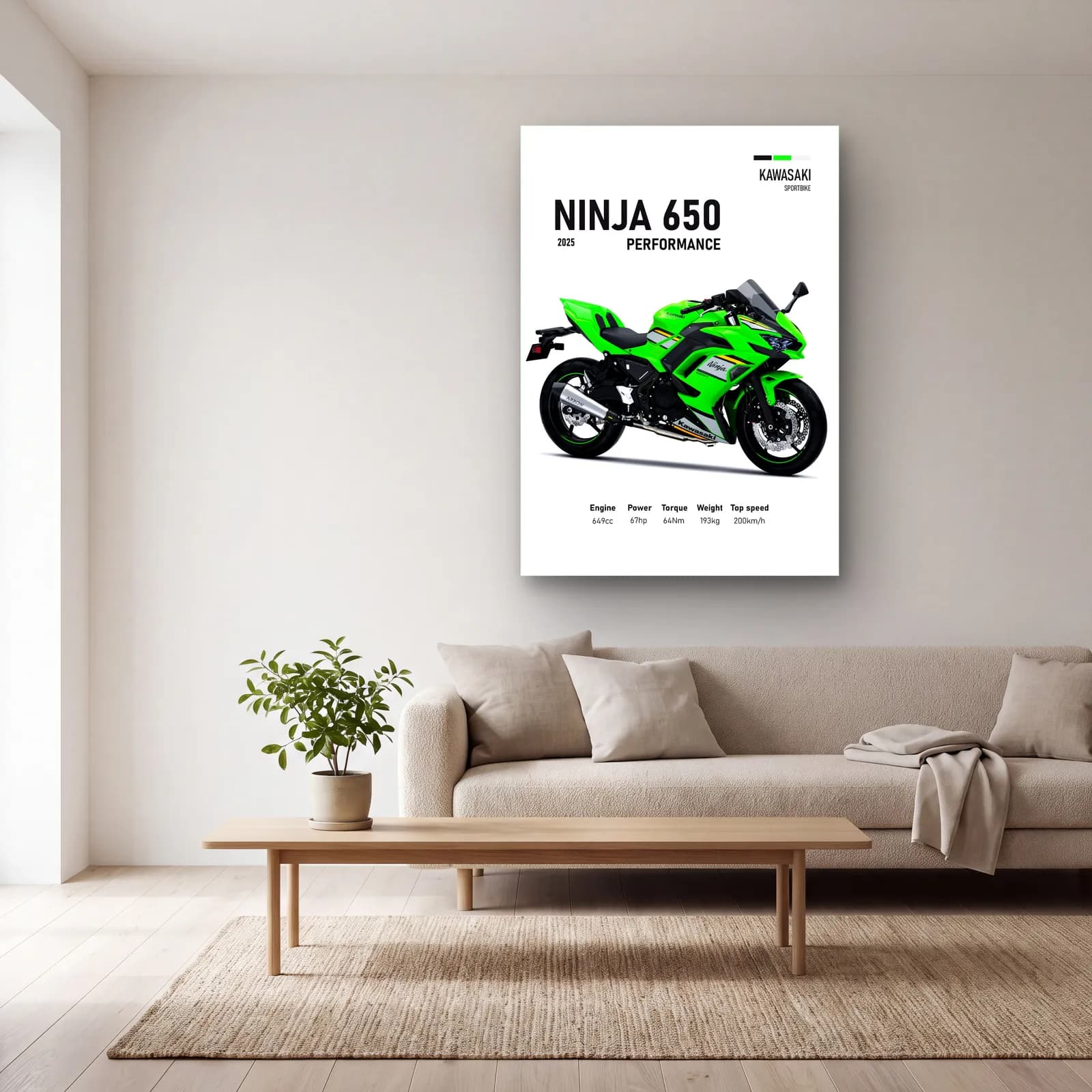 Kawasaki Ninja 650 Performance 2025 cam tablo — açık renk salonda