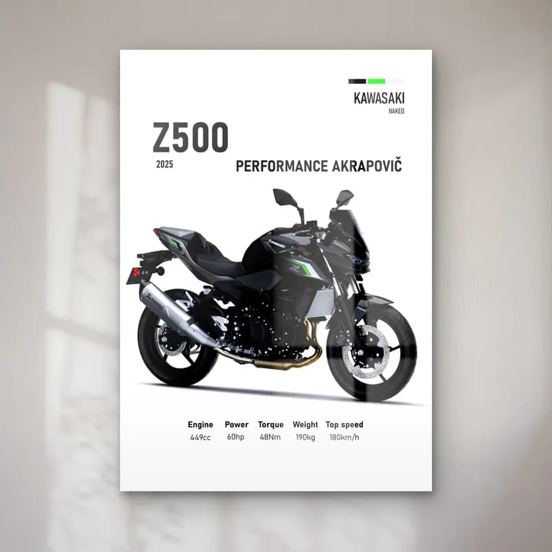 Kawasaki Z500 Performance Akrapovič 2025 cam tablo — Beyaz zeminde siyah gri Kawasaki Z500 Performance Akrapovič 2025 ve teknik veriler