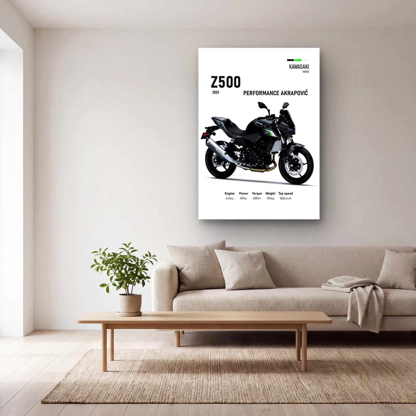 Kawasaki Z500 Performance Akrapovič 2025 cam tablo — açık renk salonda