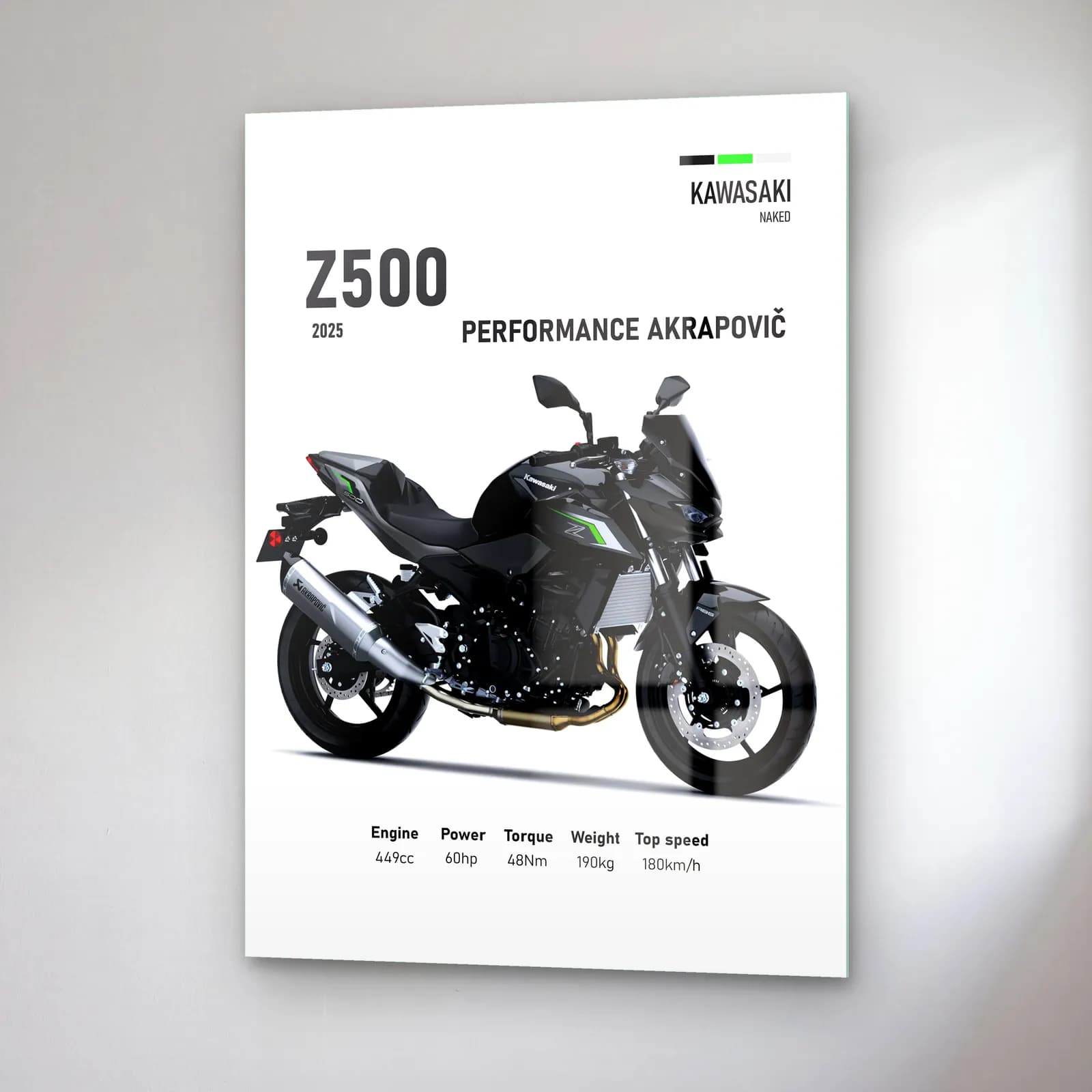 Kawasaki Z500 Performance Akrapovič 2025 cam tablo — sağ açıdan görünüm