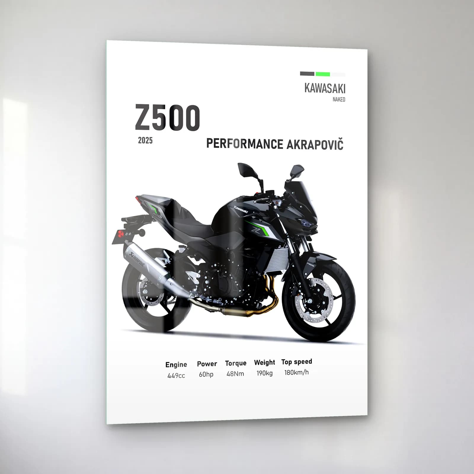 Kawasaki Z500 Performance Akrapovič 2025 cam tablo — sol açıdan görünüm