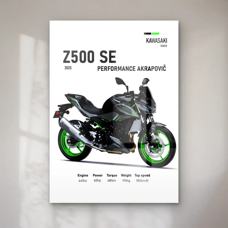 Kawasaki Z500 SE Performance Akrapovič 2025 cam tablo — Beyaz zeminde siyah yeşil Kawasaki Z500 SE Performance Akrapovič 2025 ve teknik veriler