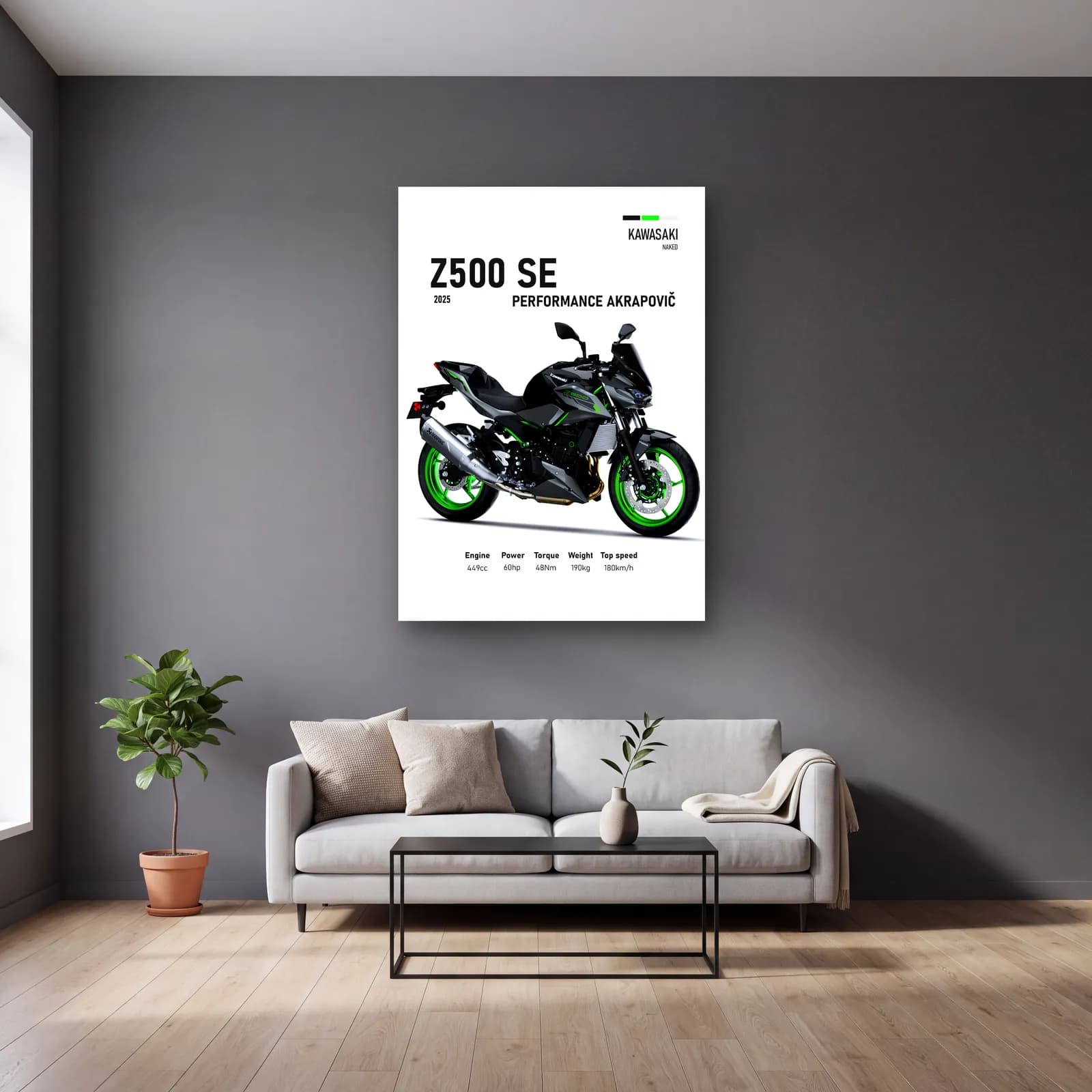 Kawasaki Z500 SE Performance Akrapovič 2025 cam tablo — gri duvarlı salonda
