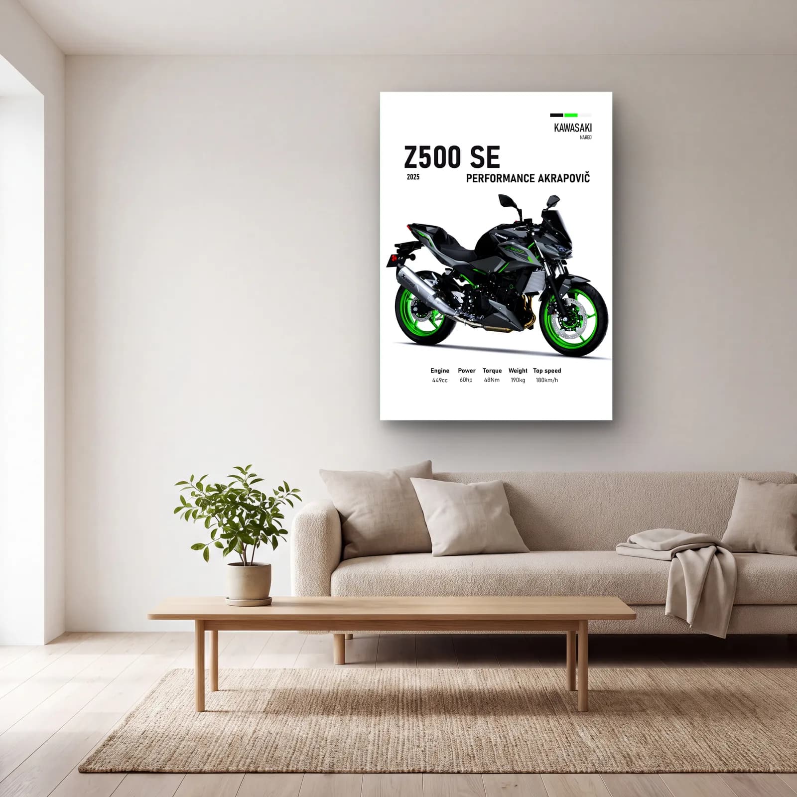 Kawasaki Z500 SE Performance Akrapovič 2025 cam tablo — açık renk salonda