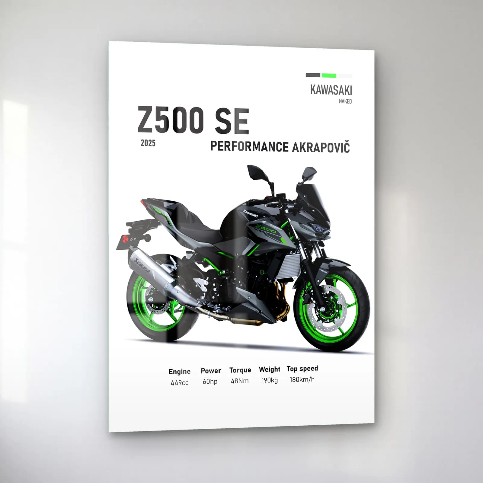 Kawasaki Z500 SE Performance Akrapovič 2025 cam tablo — sol açıdan görünüm