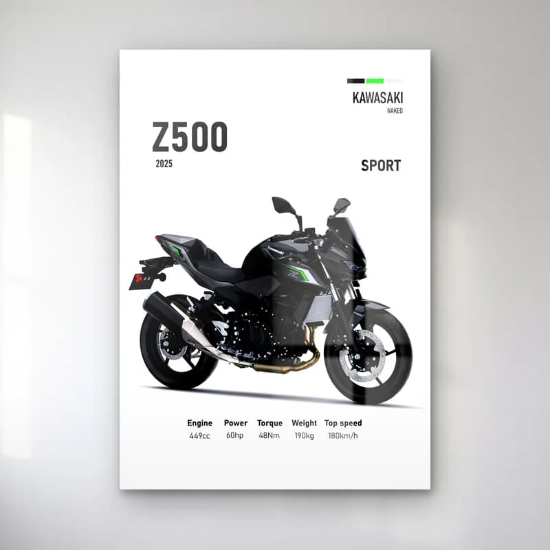 Kawasaki Z500 Sport 2025 cam tablo — Beyaz zeminde siyah gri Kawasaki Z500 Sport 2025 ve teknik veriler