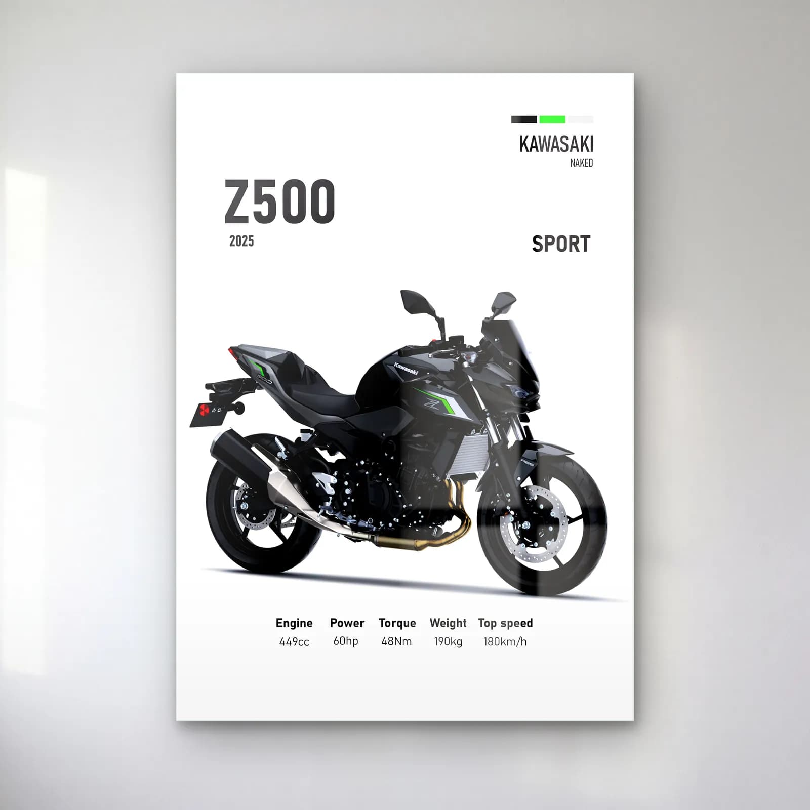 Kawasaki Z500 Sport 2025 cam tablo — Beyaz zeminde siyah gri Kawasaki Z500 Sport 2025 ve teknik veriler