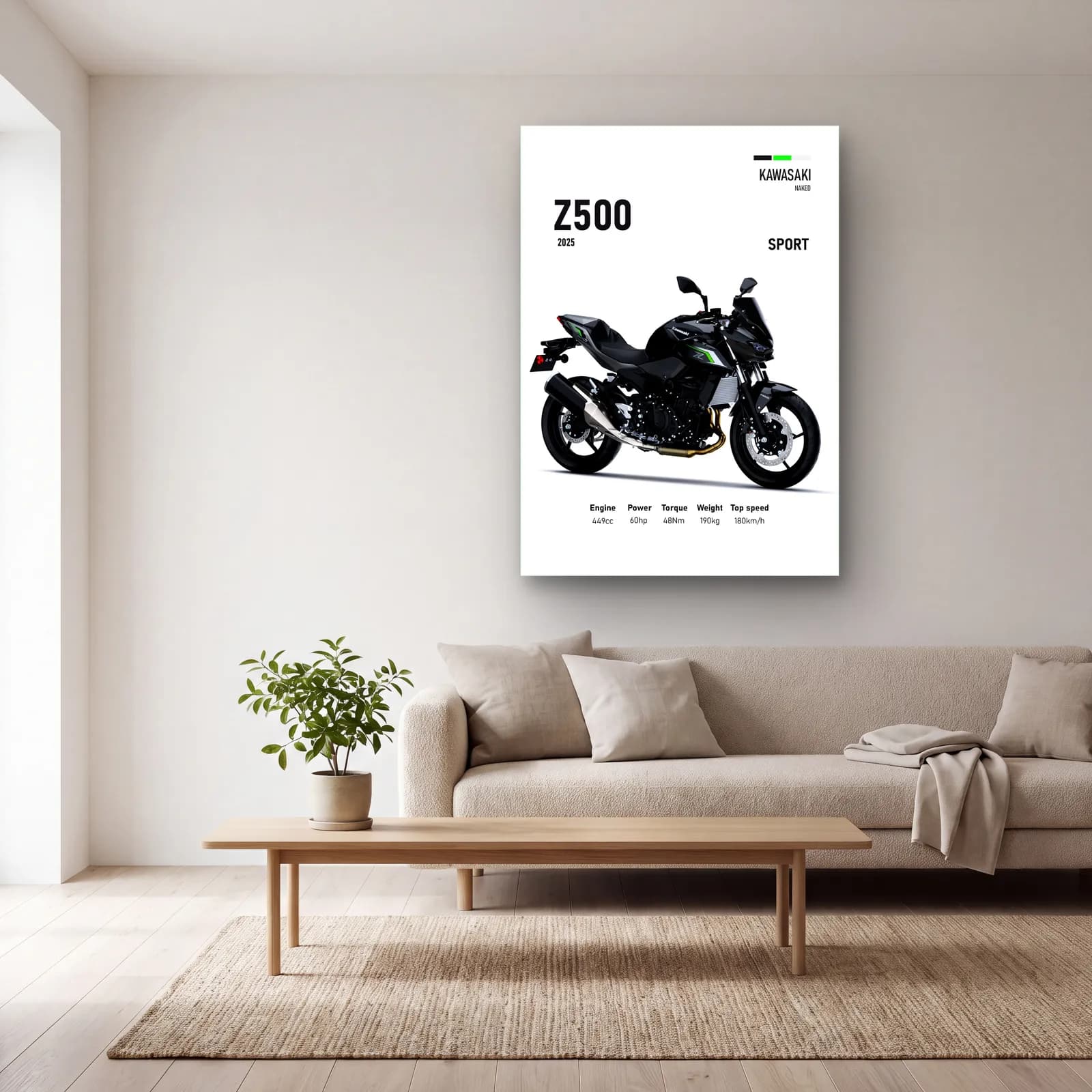 Kawasaki Z500 Sport 2025 cam tablo — açık renk salonda