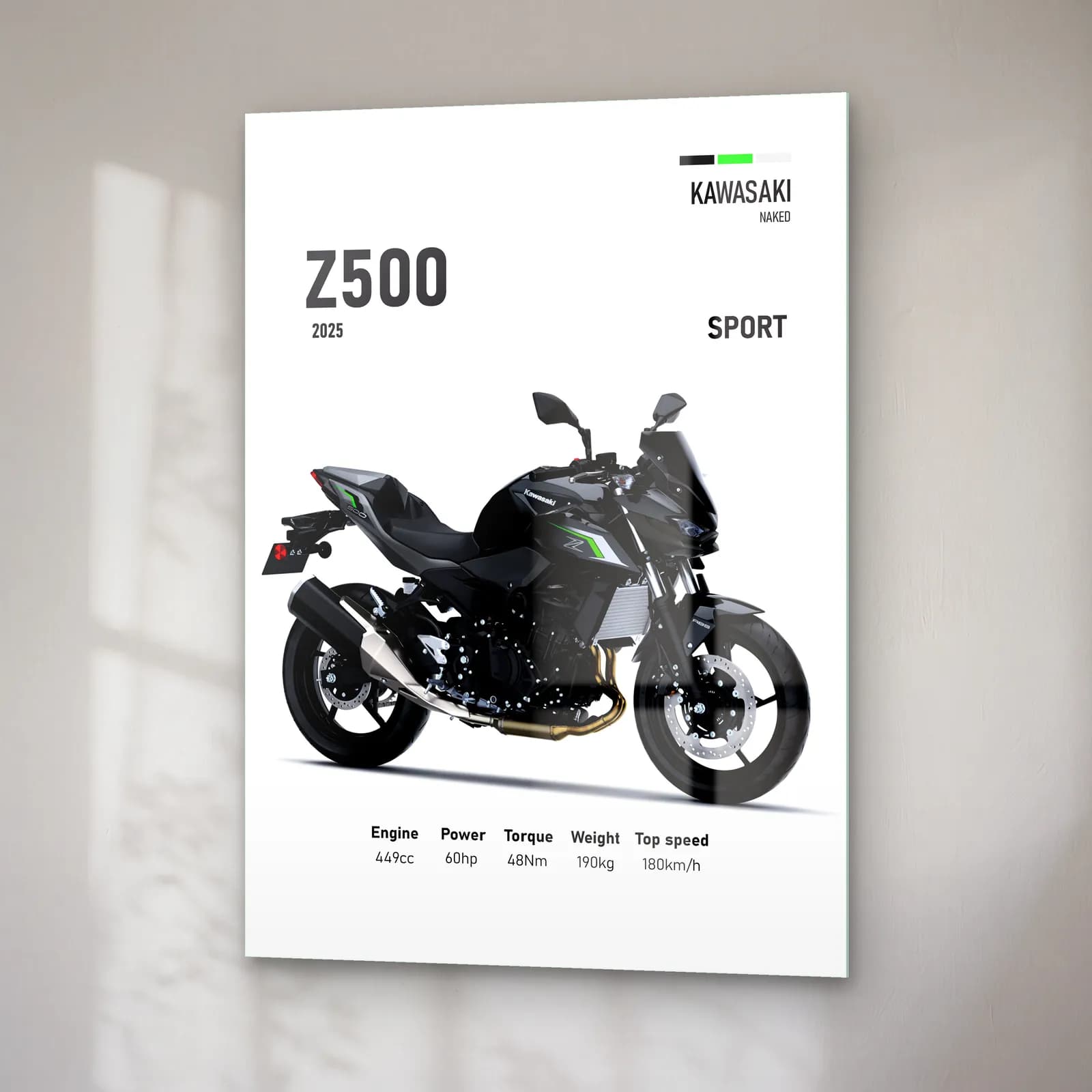 Kawasaki Z500 Sport 2025 cam tablo — sağ açıdan görünüm