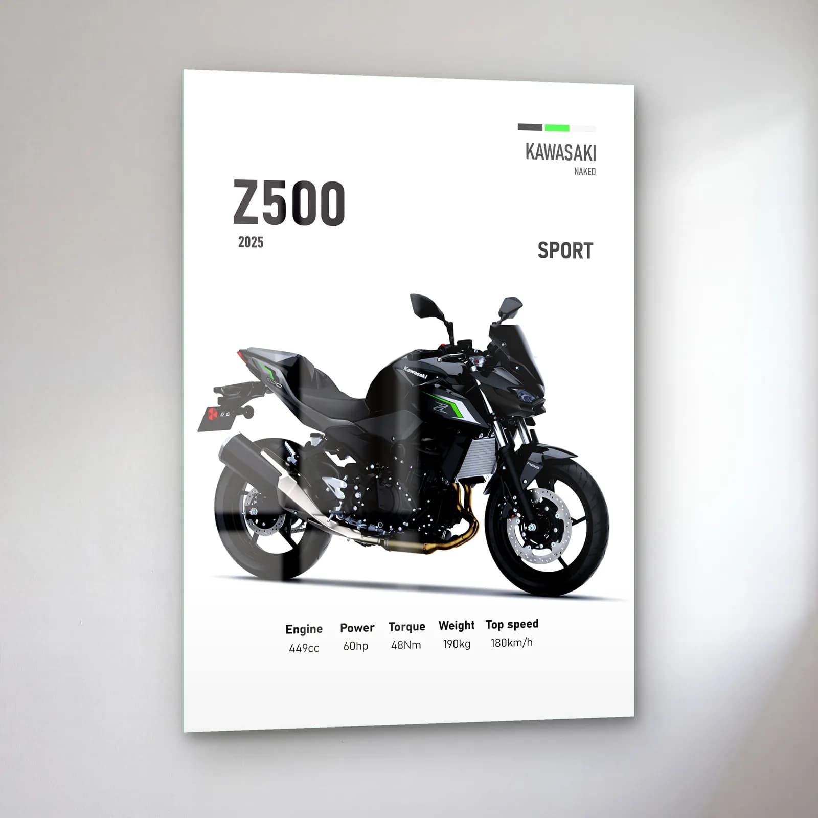 Kawasaki Z500 Sport 2025 cam tablo — sol açıdan görünüm